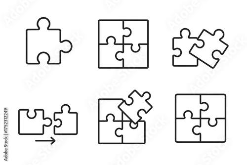 Collection of puzzle piece icons representing various assembly stages