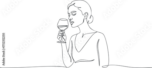 A minimalist line art illustration of a woman elegantly sipping wine from a glass.