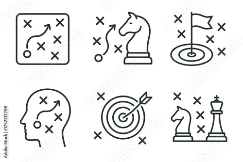 Strategic game planning icons: chess, targets, and pathways