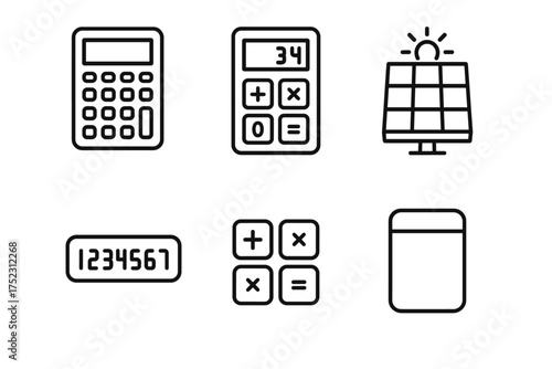 Minimalist icons: calculator, solar panel, digital display, math symbols