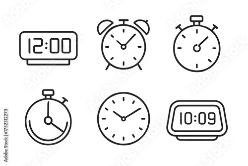 Cartoon clock icons: alarm, stopwatch, digital, classic styles