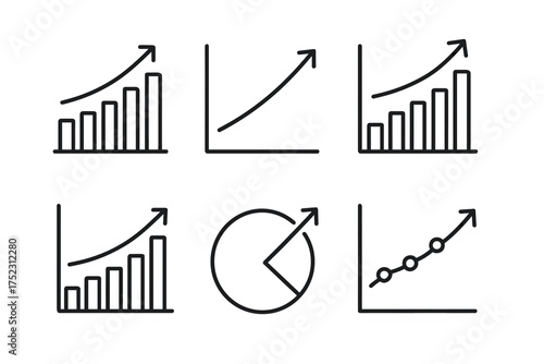 Set of six simple graph icons: bar, line, pie charts for data visualization