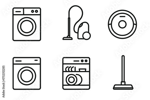 Home appliances icon set: washer, dishwasher, vacuum, mop, robot cleaner