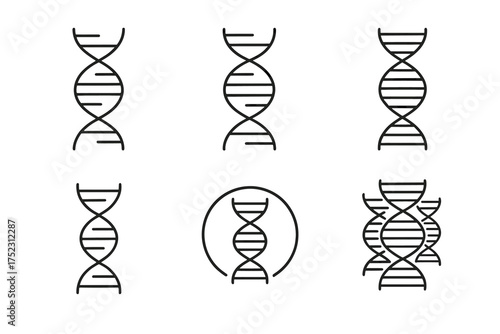 Set of six minimalist dna helix icons in black and white design