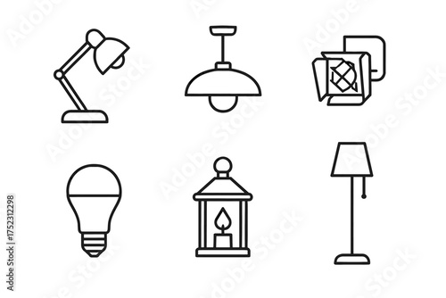 Collection of various light fixtures and bulbs in minimalist line art style