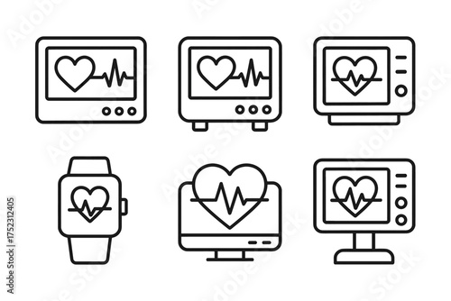 Heart monitor icons set: vector line style for medical and health applications