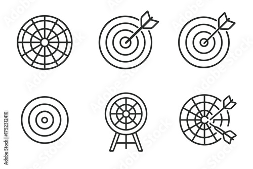 Target symbols: dartboards and arrows in linear style icons
