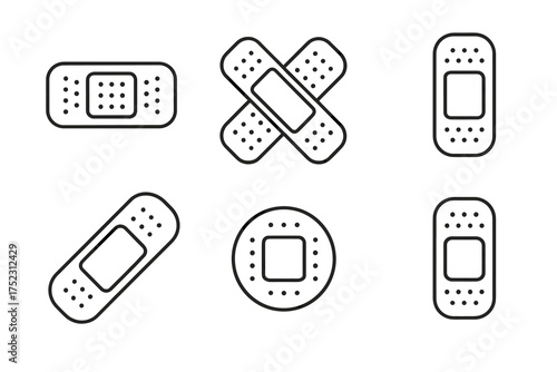 Various styles of bandages: medical aid collection in simple line drawings
