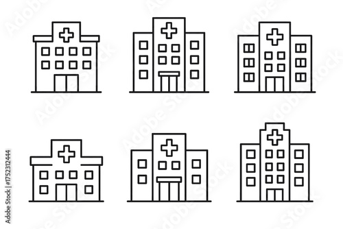 Outline icons of hospital buildings with cross symbol