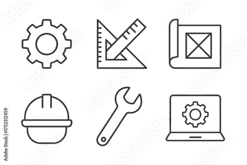 Engineering and construction icons: gear, helmet, tools, blueprint, laptop