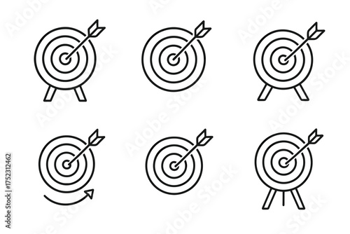 Black and white target icons set with arrows hitting bullseyes