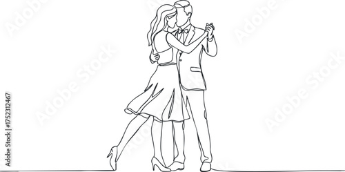 Stylized line art of a couple dancing together, showcasing romance and elegance in motion.