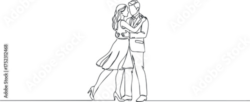 A minimalist line art illustration of a couple dancing in a romantic embrace.