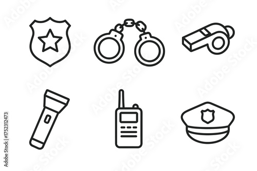 Black and white police icons set featuring badge, handcuffs, whistle, flashlight, radio, and cap