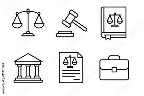 Legal symbols: scales of justice, gavel, law book, courthouse, document, briefcase icons