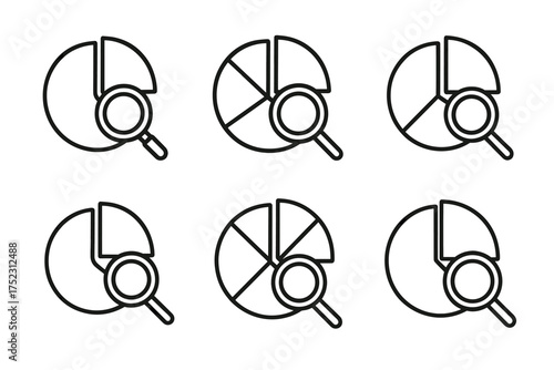 Magnifying glass discovering data in pie charts outlined in black sets