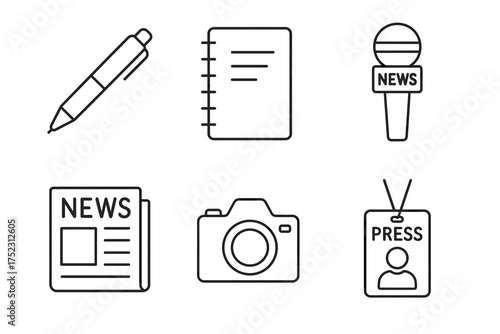 Journalism icons: pen, notebook, microphone, newspaper, camera, press badge