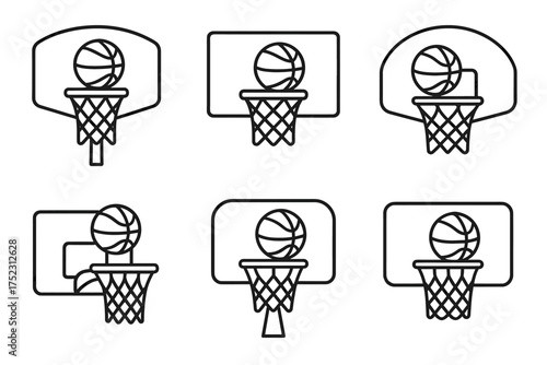 Basketball hoop icon set with ball inside net in six unique styles
