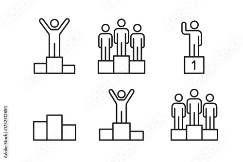 Simple line art podium icons depicting winners and awards ceremony celebrations