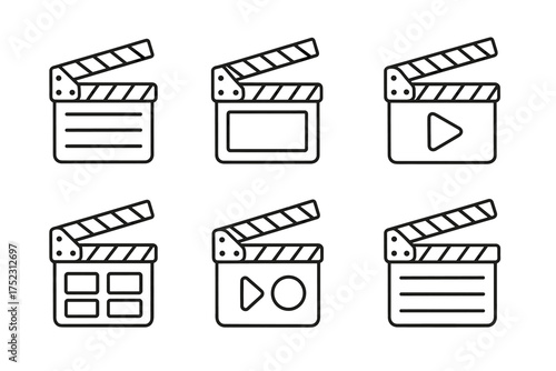 Set of six film clapboard icons with various symbols