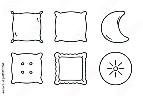Set of six decorative pillow icon designs in various shapes