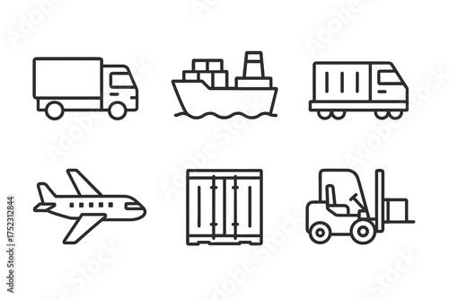 Transportation icons: truck, ship, plane, container, forklift