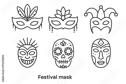 Set of six unique festival masks: decorative and traditional designs