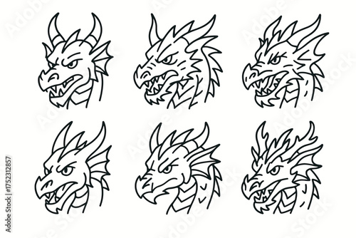 Set of six fierce dragon head sketches with intricate line art design