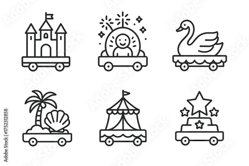 Outline icons of festive parade floats with castle, circus, and animals