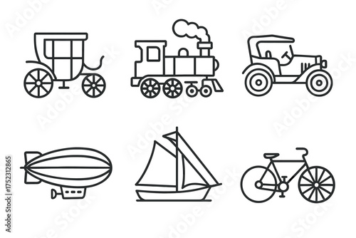 Outline drawings of historical transport: carriage, train, car, airship, boat, bicycle