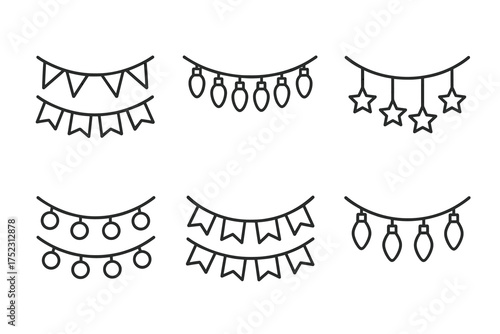Variety of festive outline banners and lights for celebrations and decorations