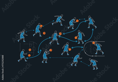 Basketball Play Diagram with Players and Ball Movement.