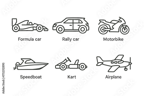 Outline icons of formula car, rally car, motorbike, speedboat, kart, and airplane