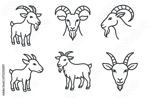 Set of six goat line drawings featuring different poses and styles