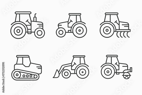 Various tractor outlines: agriculture equipment icons with implements