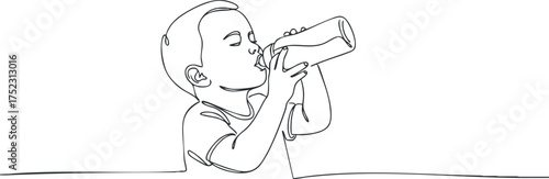 A simple line art illustration of a happy toddler drinking from a bottle.