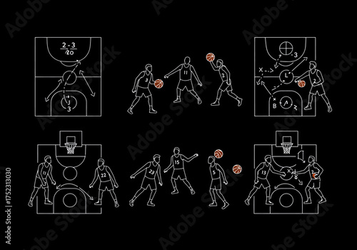 Basketball Play Diagrams: Outlined Court Strategies and Player Movements.
