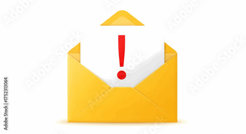 Vector illustration of an open yellow envelope with an important alert message and a red exclamation mark symbol