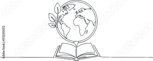 An illustration of an open book with a globe and plant symbolizing education and sustainability.