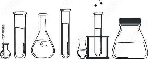 Illustration of various laboratory glassware including flasks and test tubes in a minimalist style.