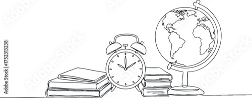 A minimalist illustration featuring a globe clock and stacked books representing education and knowledge.
