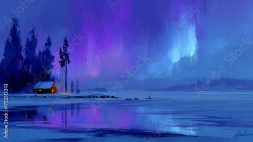 Winter landscape with frozen lake and Northern lights