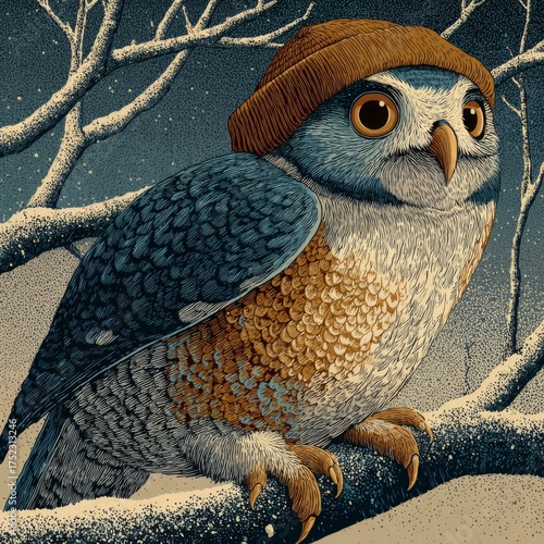 Linocut texture owl with winter hat