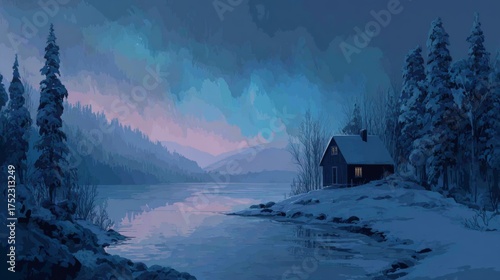 Winter landscape with frozen lake and Northern lights