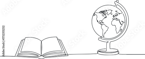 A simple line art illustration featuring an open book and a globe symbolizing education and knowledge.