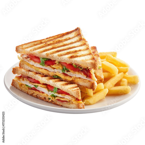 Grilled club sandwich with fries
