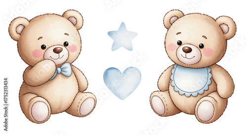 Teddy bears with blue heart and star. Cute watercolor baby bears illustration for nursery wall art.