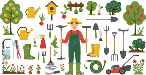 Gardening tools, horticulture, vector illustration, garden care, plants, farmer, orchard, tree, garden hose, lawn mower, watering can, rake, shovel, boots, plant growth, harvest, landscaping,