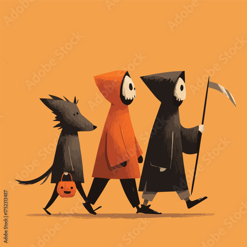 Cute Halloween cartoon characters walking together, fun modern art mascot illustration with pumpkin, werewolf and grim reaper