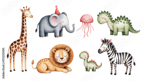 
Safari animal friends in playful watercolor art. Jungle adventure illustration with friendly animals.